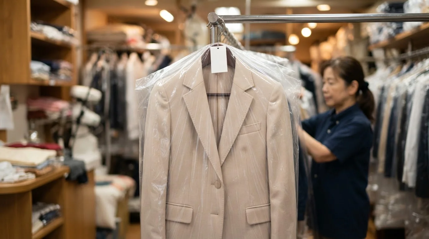 淡色のジャケットの襟元と生地の織り目を確認するクローズアップ