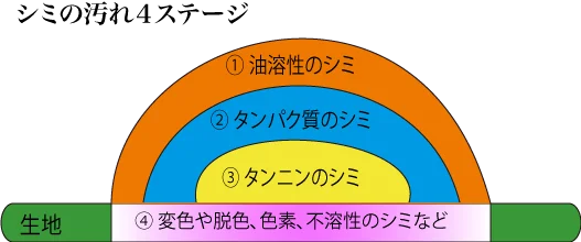 シミの汚れ4ステージ：①油溶性のシミ ②タンパク質のシミ ③タンニンのシミ ④変色や脱色、色素、不溶性のシミなど